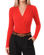 MANGOPOP Wrap V-Neck Ruched Long-Sleeve Bodysuit Red