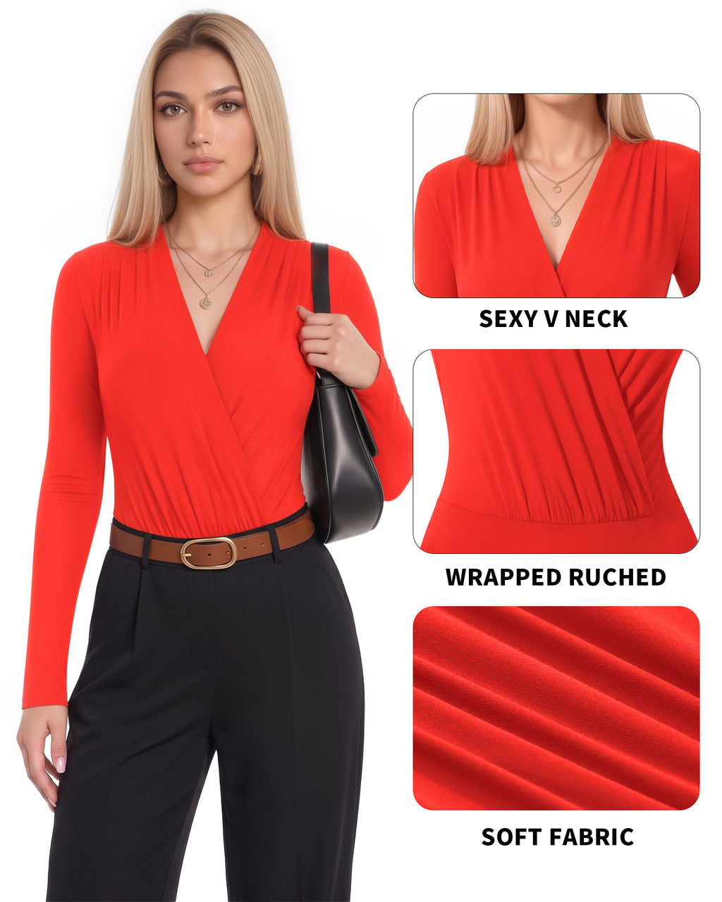 MANGOPOP Wrap V-Neck Ruched Long-Sleeve Bodysuit Red
