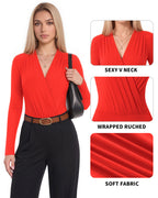 MANGOPOP Wrap V-Neck Ruched Long-Sleeve Bodysuit Red