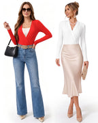 MANGOPOP Wrap V-Neck Ruched Long-Sleeve Bodysuit Red