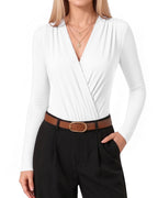 MANGOPOP Wrap V-Neck Ruched Long-Sleeve Bodysuit White