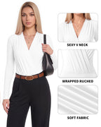 MANGOPOP Wrap V-Neck Ruched Long-Sleeve Bodysuit White