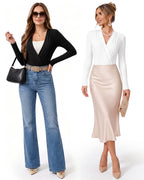 MANGOPOP Wrap V-Neck Ruched Long-Sleeve Bodysuit White