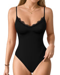MANGOPOP Lace V-Neck Double Lined Adjustable Cami Bodysuit Lace Black