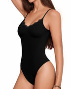 MANGOPOP Lace V-Neck Double Lined Adjustable Cami Bodysuit Lace Black