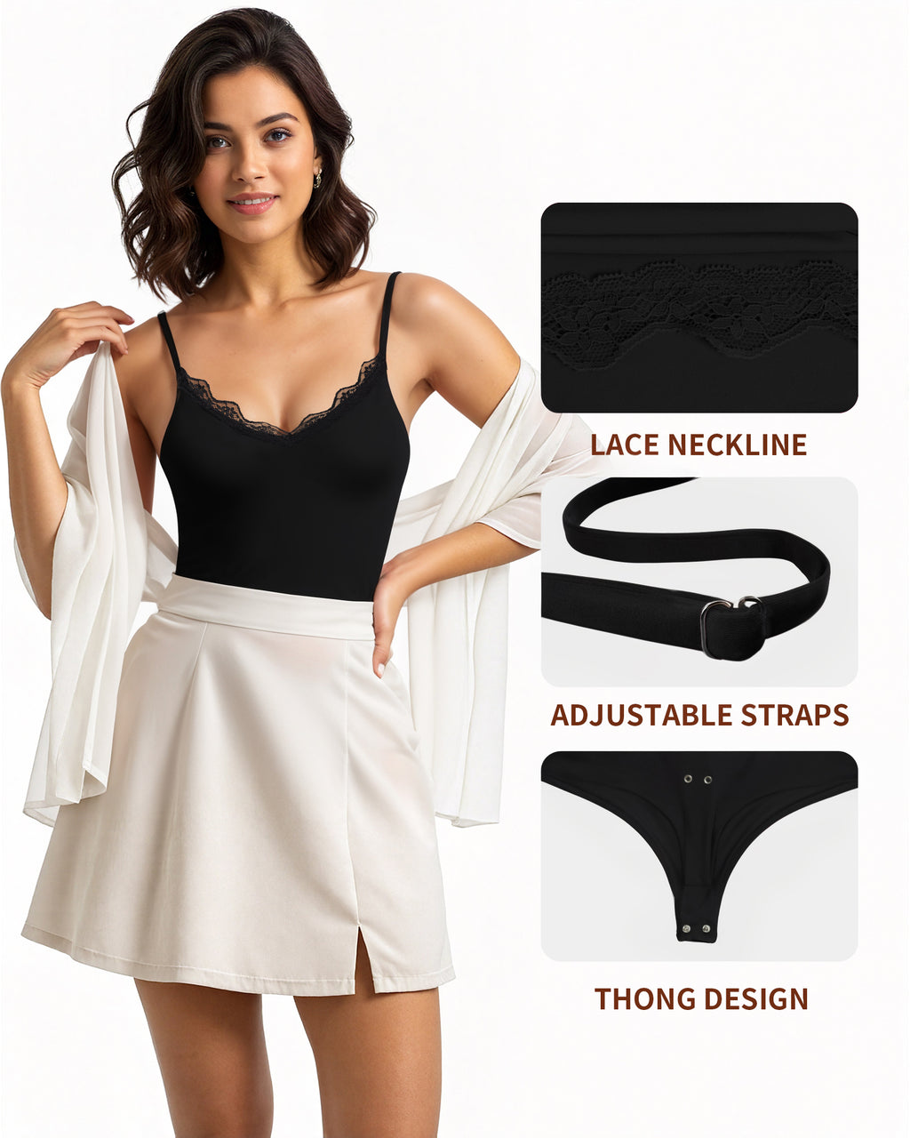 MANGOPOP Lace V-Neck Double Lined Adjustable Cami Bodysuit Lace Black
