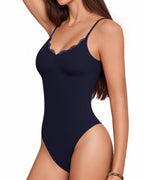 MANGOPOP Lace V-Neck Double Lined Adjustable Cami Bodysuit Lace Blue