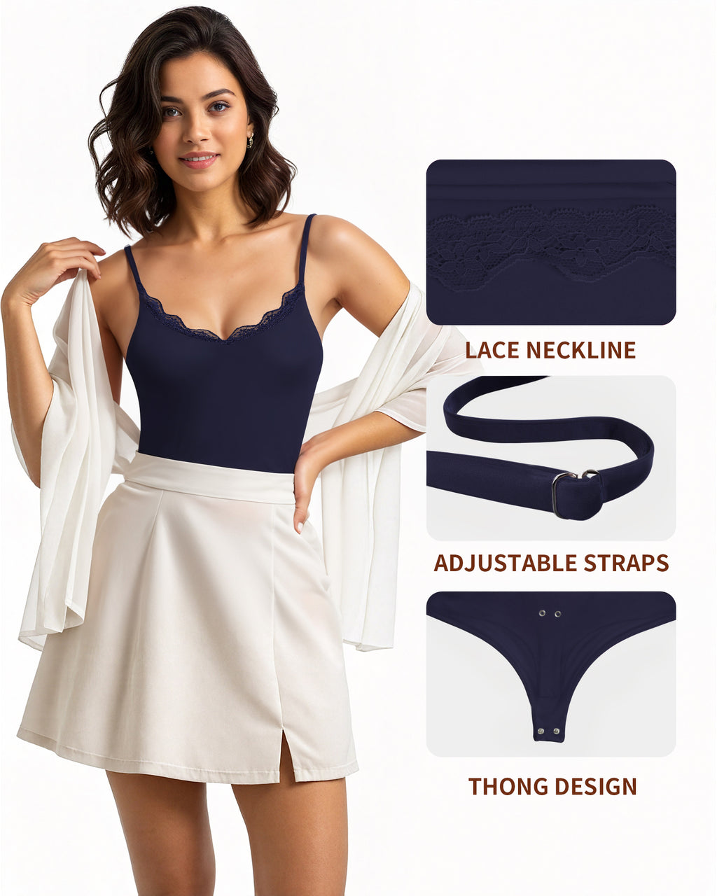 MANGOPOP Lace V-Neck Double Lined Adjustable Cami Bodysuit Lace Blue