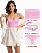 MANGOPOP Lace V-Neck Double Lined Adjustable Cami Bodysuit Lace Pink