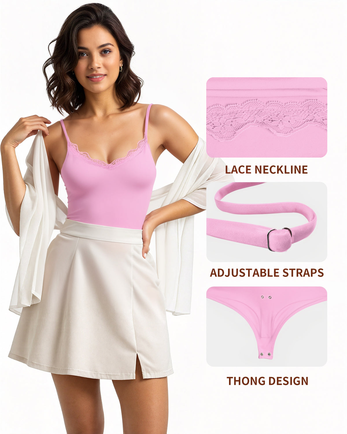 MANGOPOP Lace V-Neck Double Lined Adjustable Cami Bodysuit Lace Pink