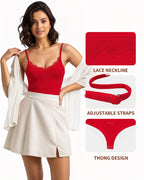MANGOPOP Lace V-Neck Double Lined Adjustable Cami Bodysuit Lace Red