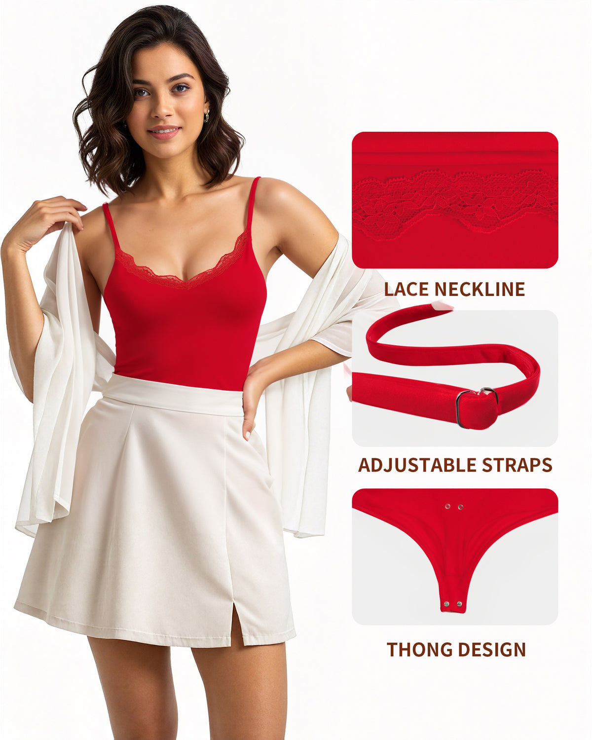 MANGOPOP Lace V-Neck Double Lined Adjustable Cami Bodysuit Lace Red