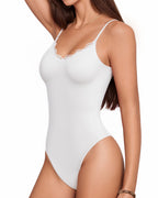 MANGOPOP Lace V-Neck Double Lined Adjustable Cami Bodysuit Lace White