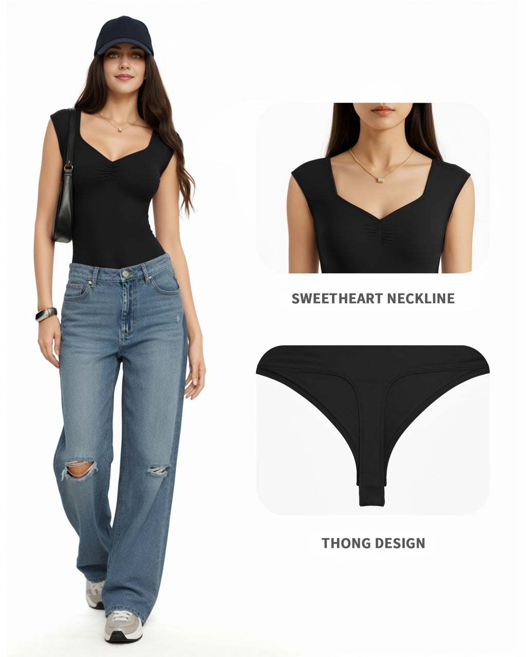 MANGOPOP Sweetheart Neckline Sleeveless Tank Bodysuit Black