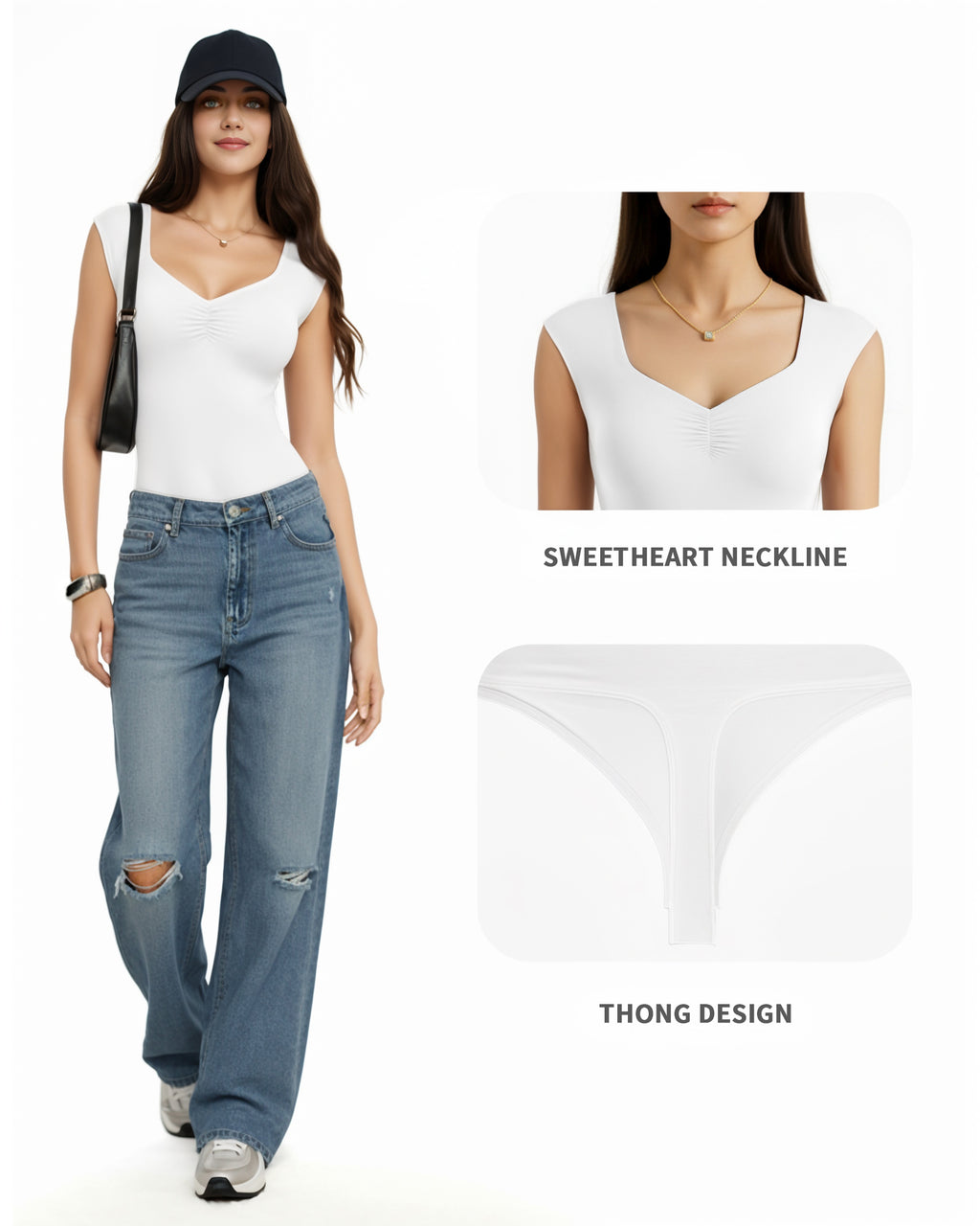 MANGOPOP Sweetheart Neckline Sleeveless Tank Bodysuit White