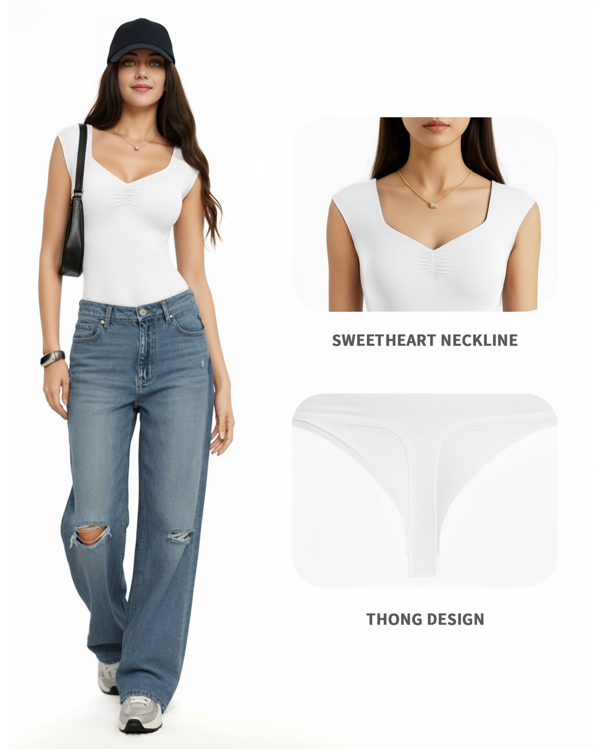 MANGOPOP Sweetheart Neckline Sleeveless Tank Bodysuit White