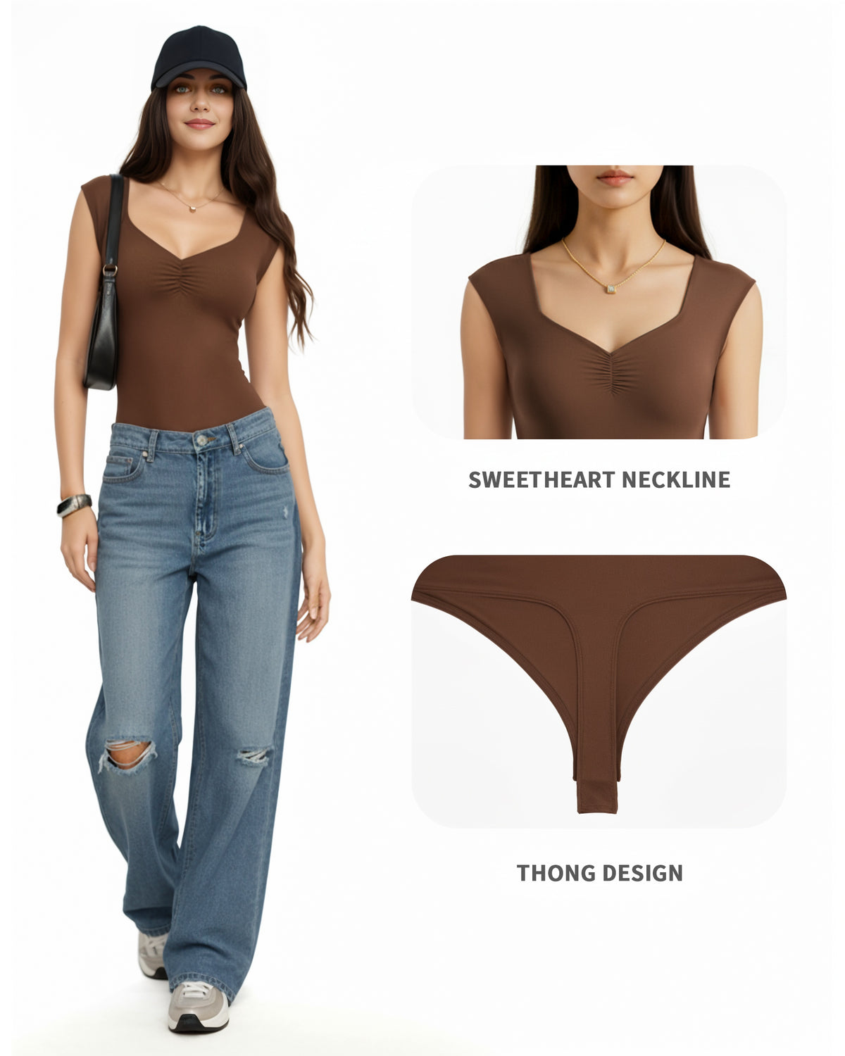 MANGOPOP Sweetheart Neckline Sleeveless Tank Bodysuit Coffee