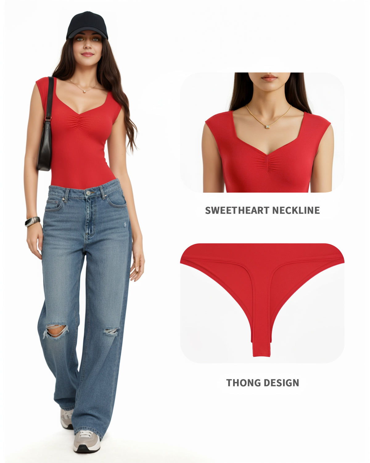 MANGOPOP Sweetheart Neckline Sleeveless Tank Bodysuit Red