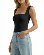MANGOPOP Square Neck Backless Tank Bodysuit Black