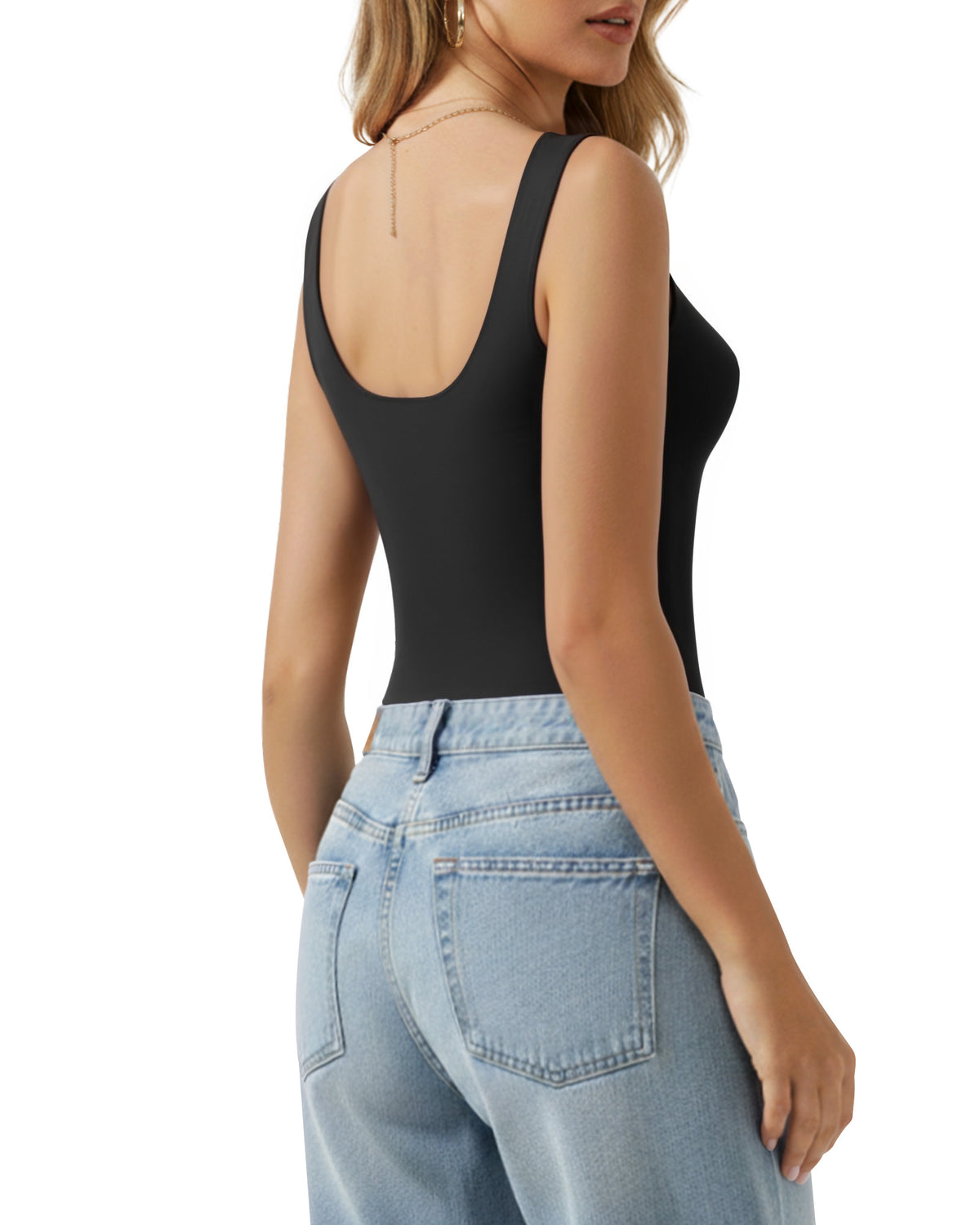 MANGOPOP Square Neck Backless Tank Bodysuit Black