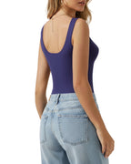 MANGOPOP Square Neck Backless Tank Bodysuit Deep Blue