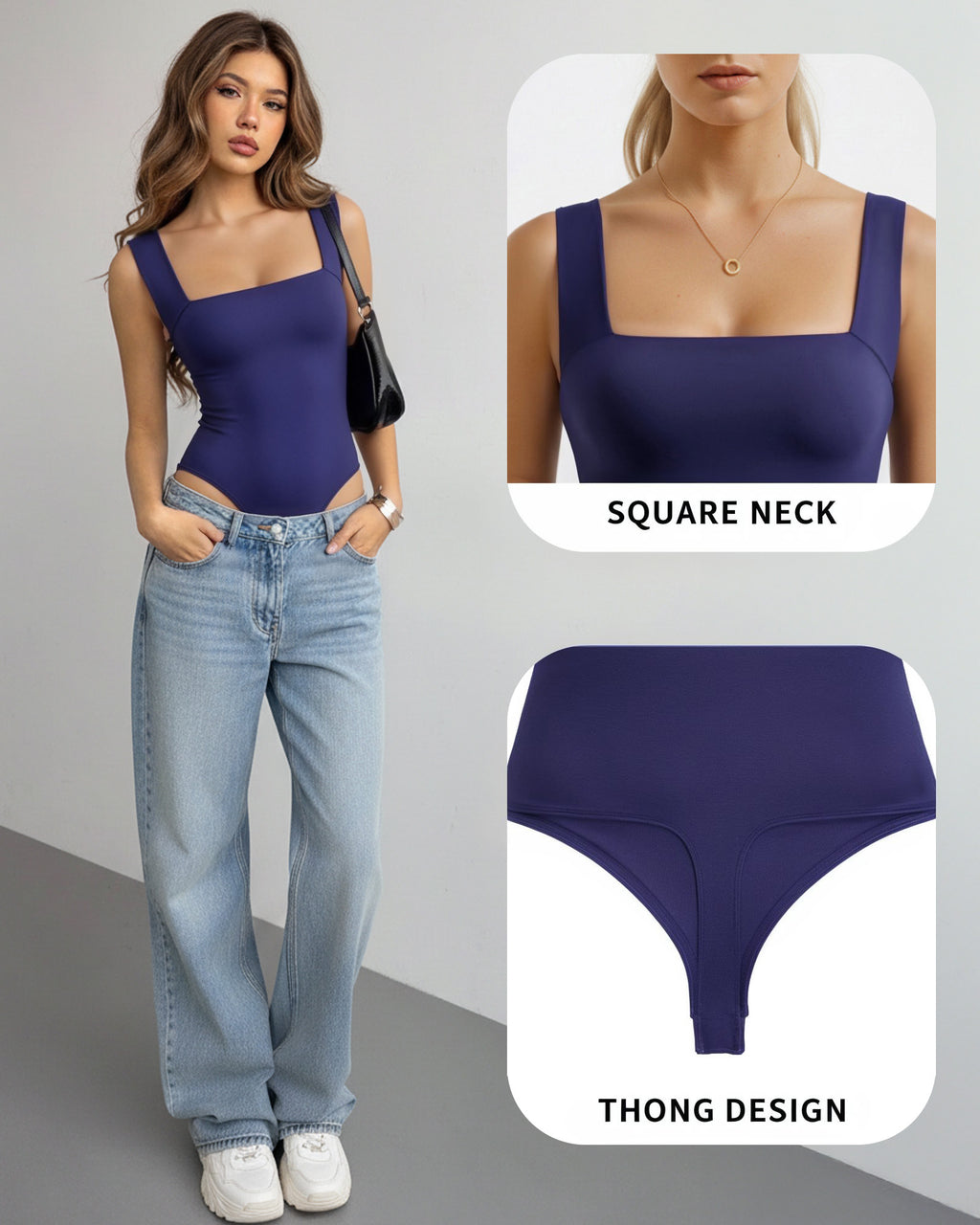 MANGOPOP Square Neck Backless Tank Bodysuit Deep Blue