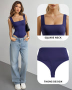 MANGOPOP Square Neck Backless Tank Bodysuit Deep Blue