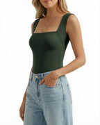 MANGOPOP Square Neck Backless Tank Bodysuit Deep Green