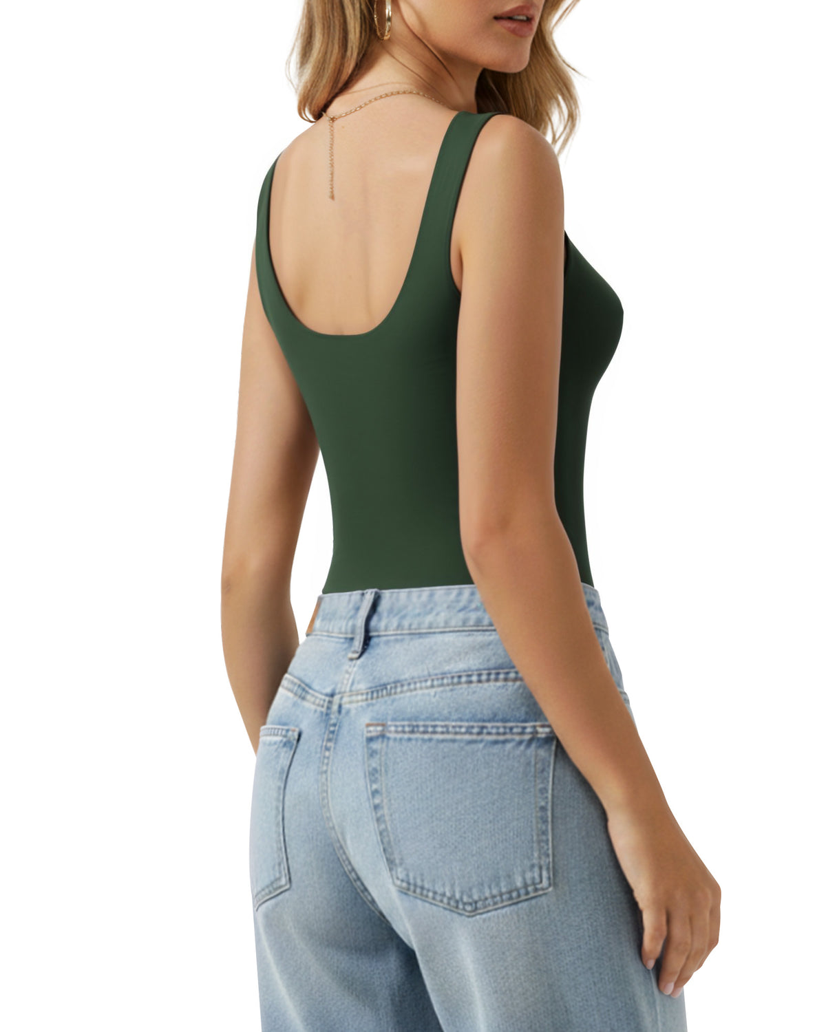 MANGOPOP Square Neck Backless Tank Bodysuit Deep Green