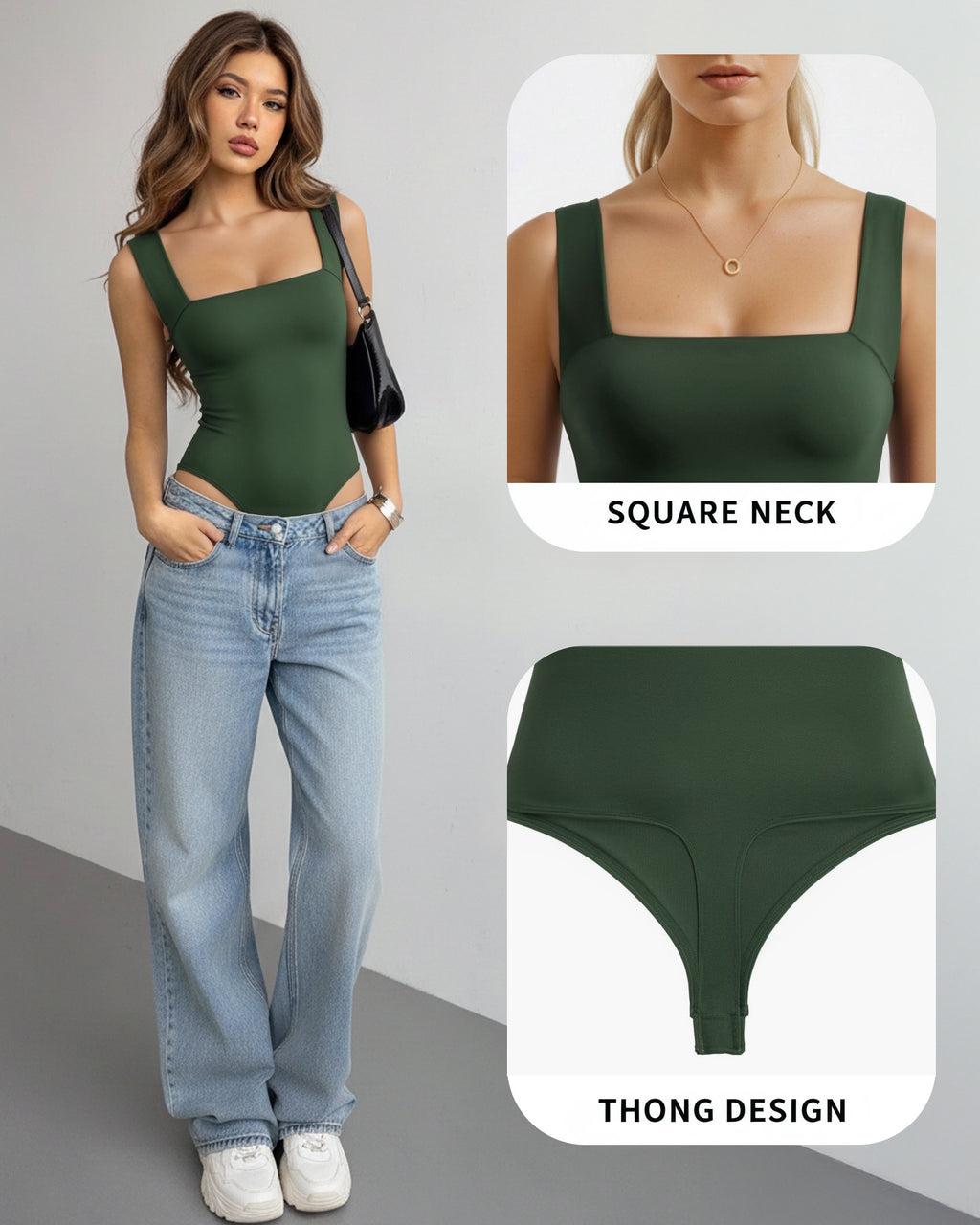 MANGOPOP Square Neck Backless Tank Bodysuit Deep Green