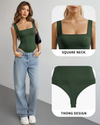 MANGOPOP Square Neck Backless Tank Bodysuit Deep Green