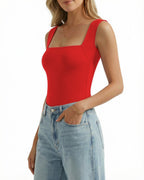 MANGOPOP Square Neck Backless Tank Bodysuit Red