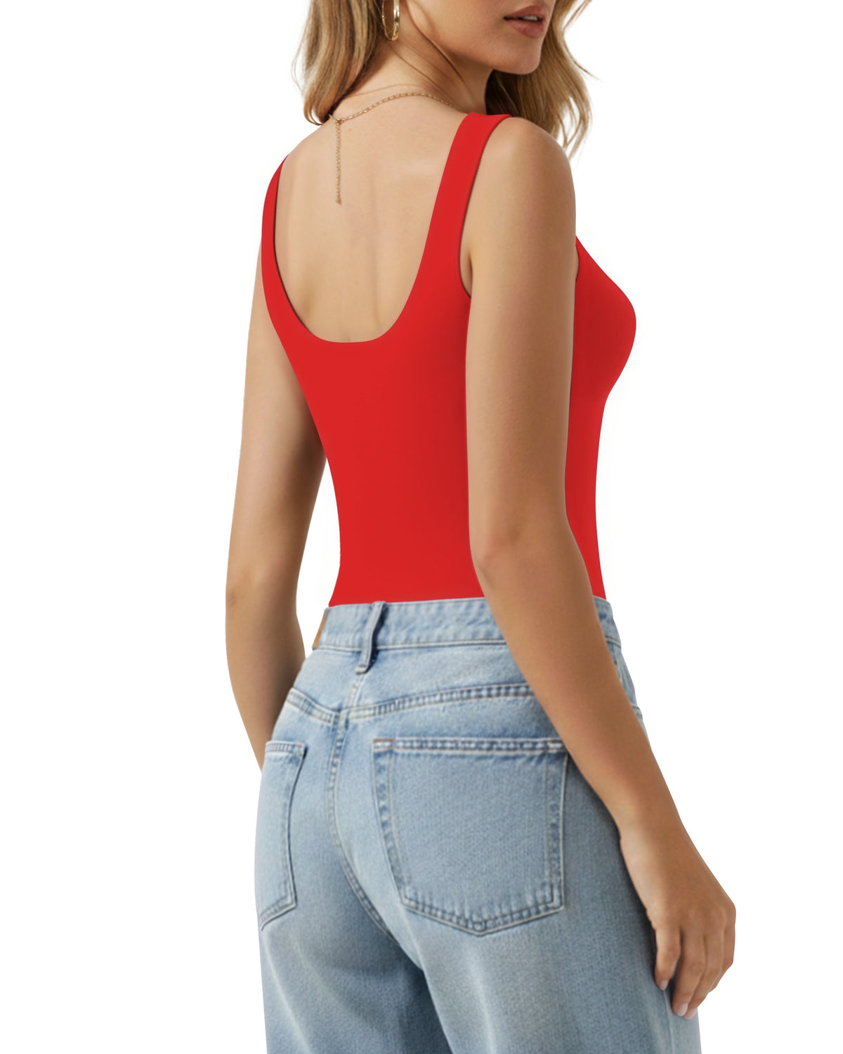 MANGOPOP Square Neck Backless Tank Bodysuit Red