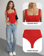 MANGOPOP Square Neck Backless Tank Bodysuit Red