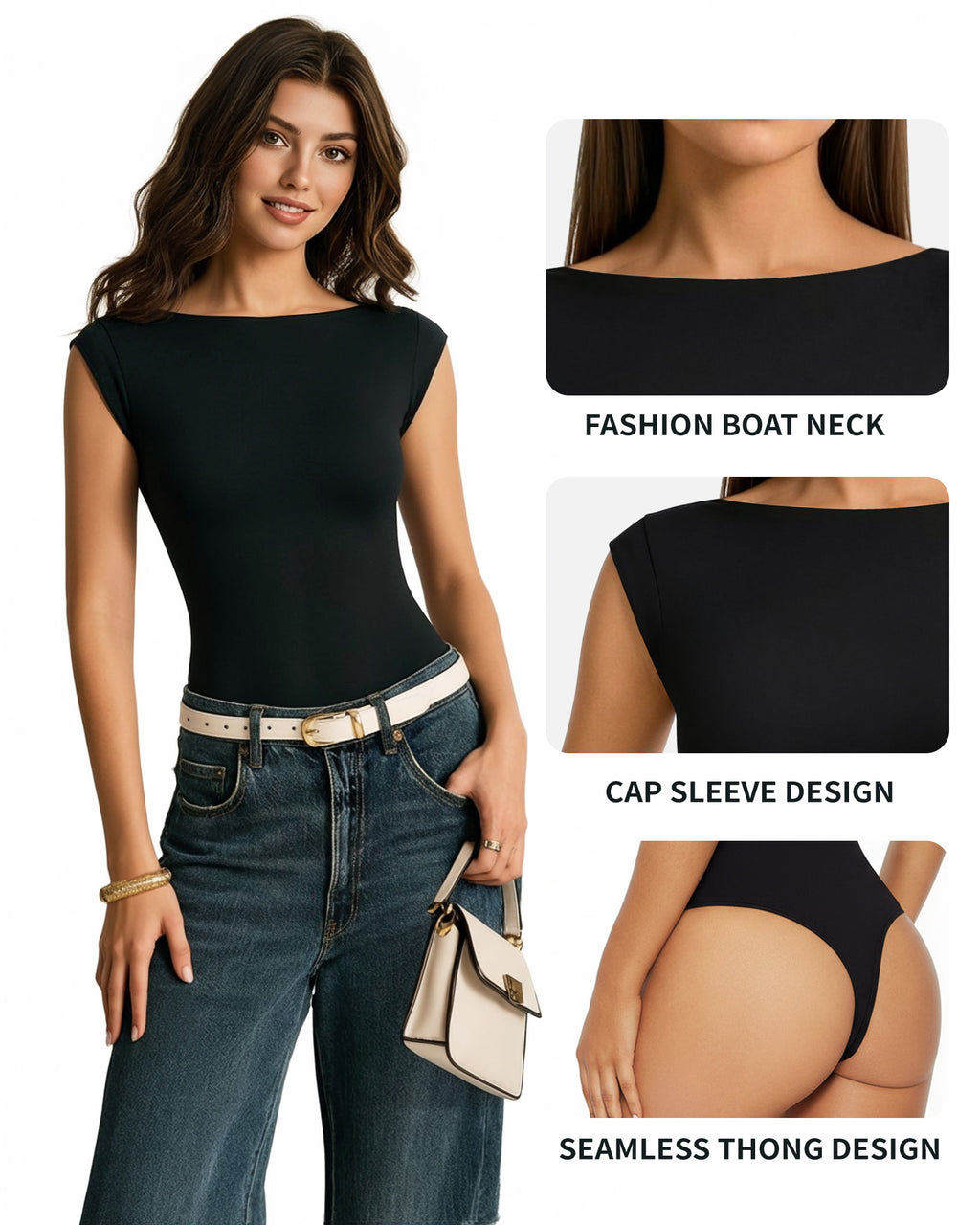 MANGOPOP Boat Neck Double Lined Cap Sleeve Bodysuit Black