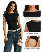 MANGOPOP Boat Neck Double Lined Cap Sleeve Bodysuit Black