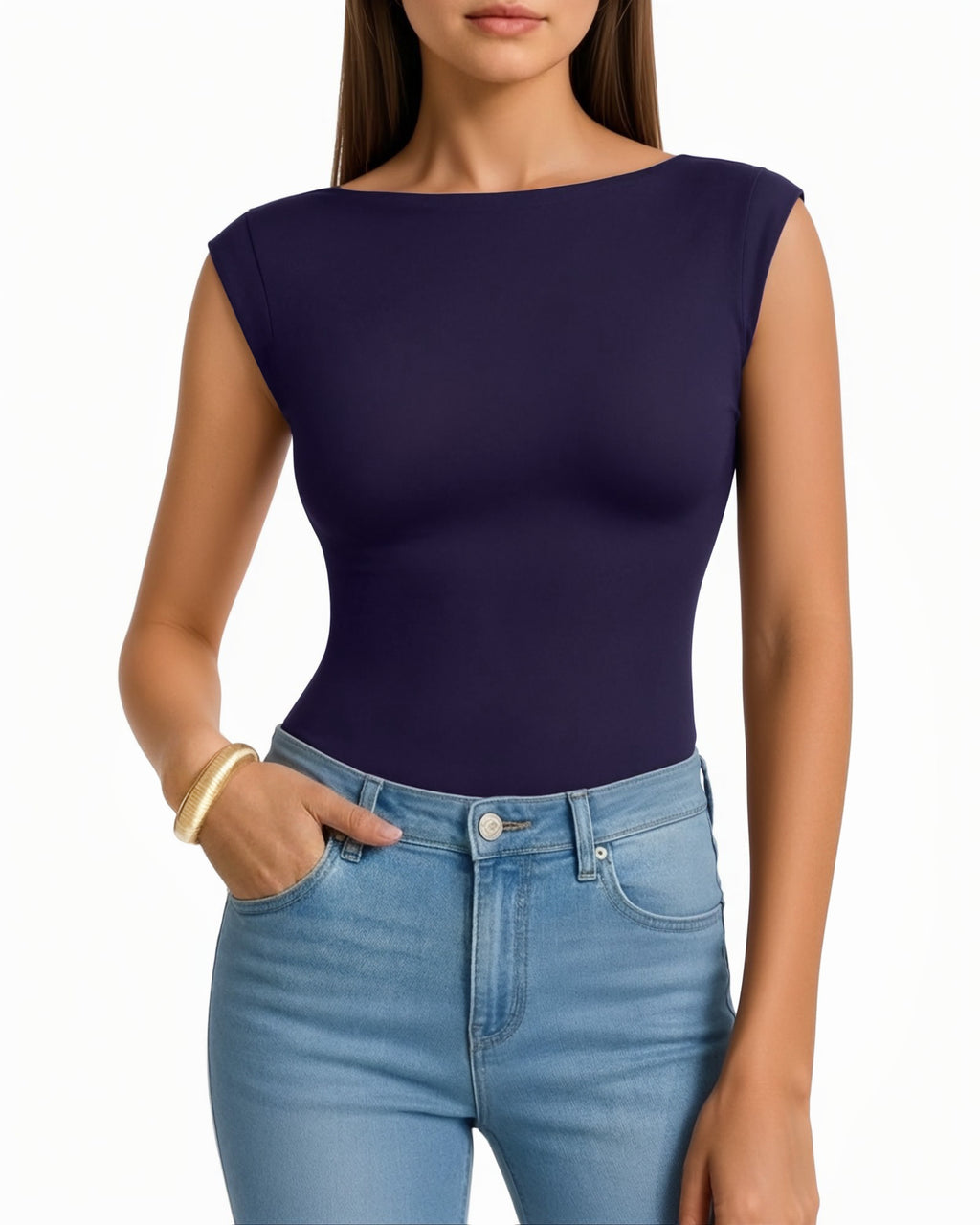 MANGOPOP Boat Neck Double Lined Cap Sleeve Bodysuit Deep Blue