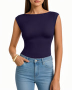 MANGOPOP Boat Neck Double Lined Cap Sleeve Bodysuit Deep Blue