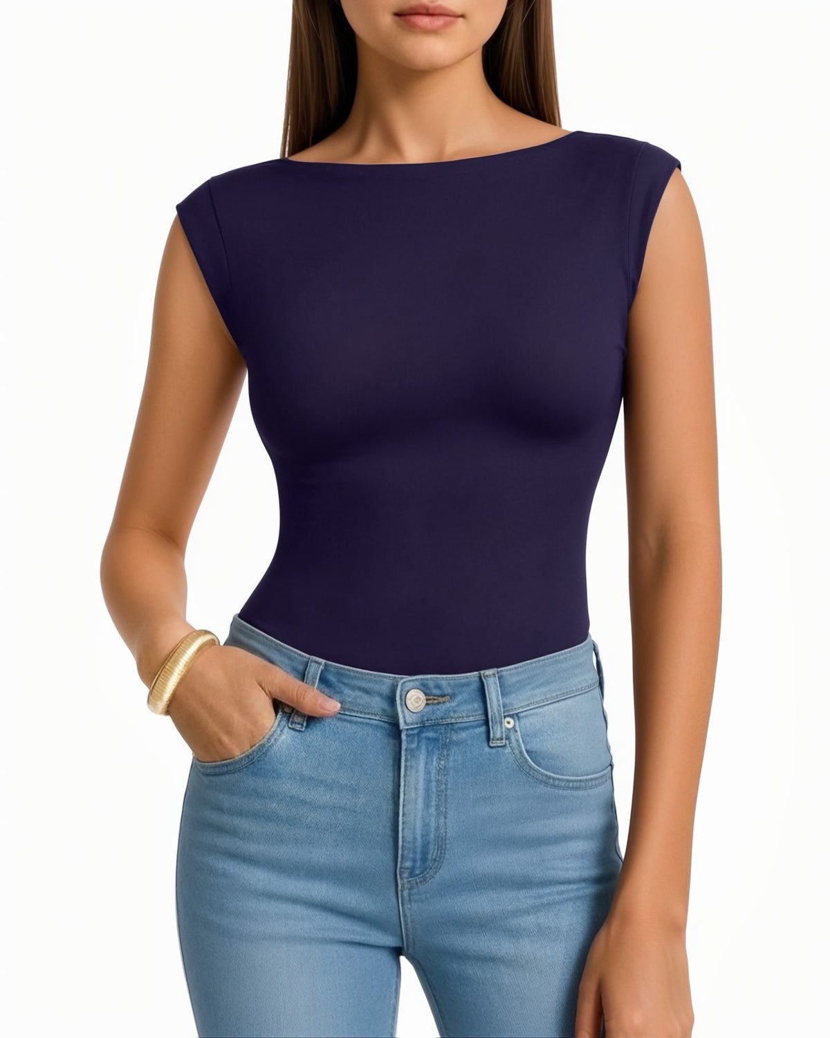MANGOPOP Boat Neck Double Lined Cap Sleeve Bodysuit Deep Blue