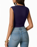MANGOPOP Boat Neck Double Lined Cap Sleeve Bodysuit Deep Blue