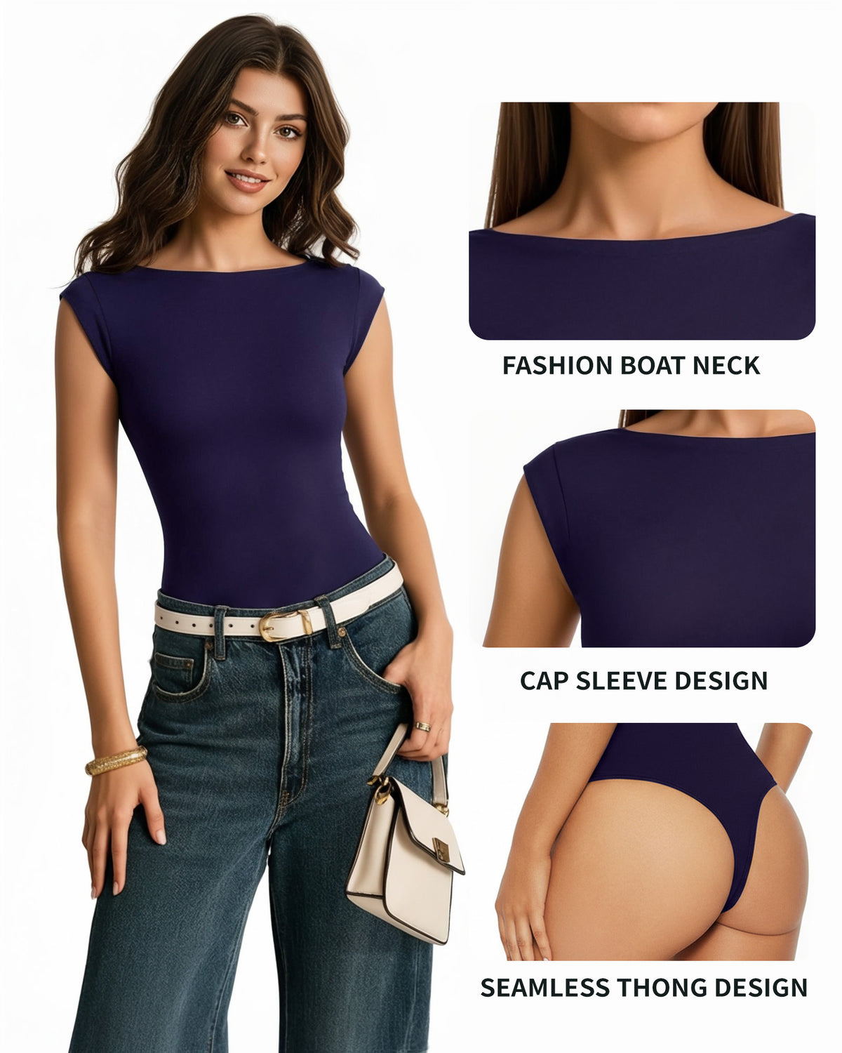 MANGOPOP Boat Neck Double Lined Cap Sleeve Bodysuit Deep Blue