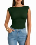 MANGOPOP Boat Neck Double Lined Cap Sleeve Bodysuit Deep Green