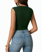 MANGOPOP Boat Neck Double Lined Cap Sleeve Bodysuit Deep Green
