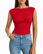 MANGOPOP Boat Neck Double Lined Cap Sleeve Bodysuit Red