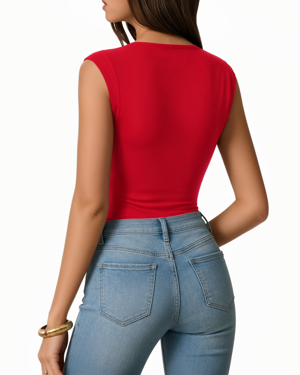 MANGOPOP Boat Neck Double Lined Cap Sleeve Bodysuit Red