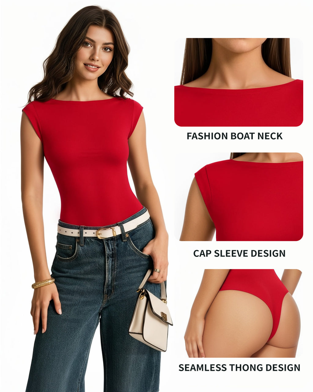 MANGOPOP Boat Neck Double Lined Cap Sleeve Bodysuit Red