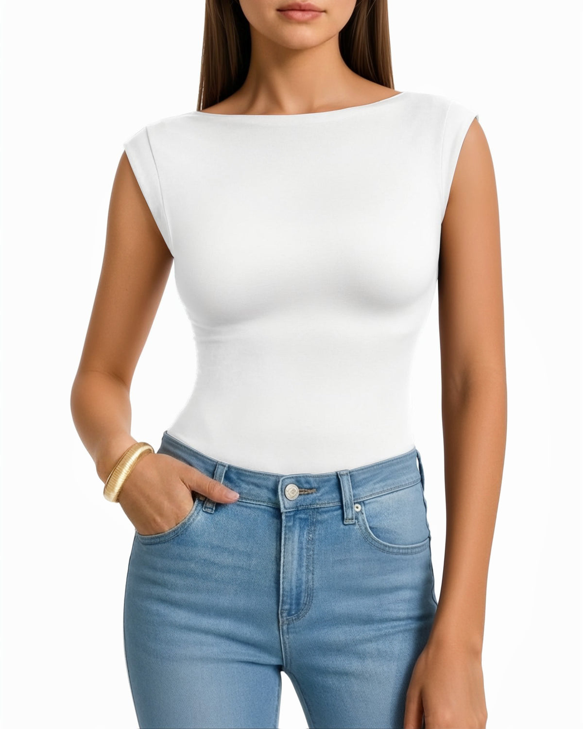 MANGOPOP Boat Neck Double Lined Cap Sleeve Bodysuit White