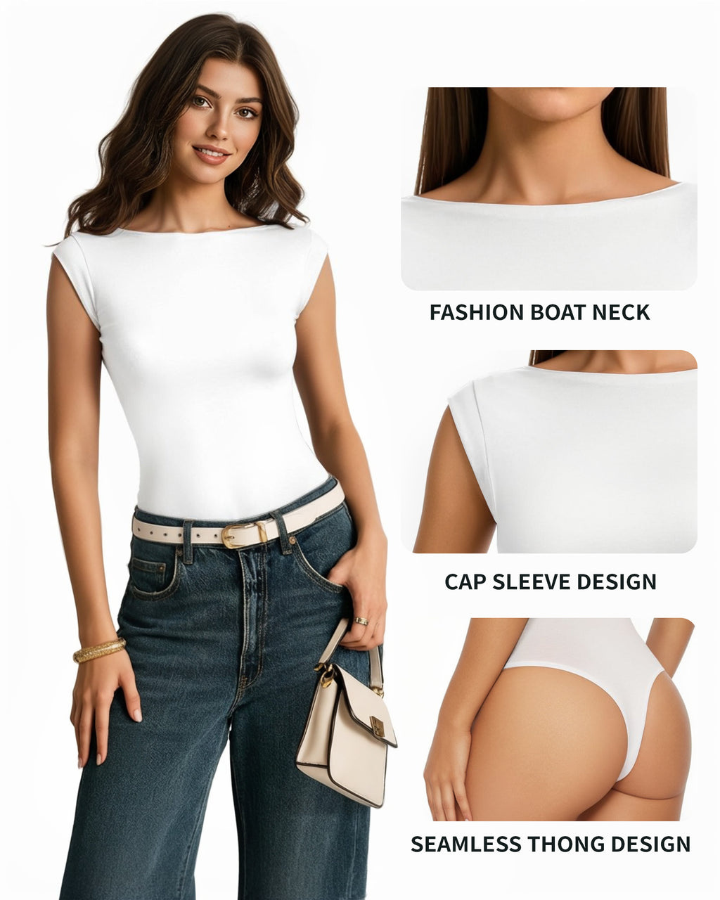MANGOPOP Boat Neck Double Lined Cap Sleeve Bodysuit White
