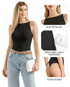 MANGOPOP Boat Neck Tank Double Lined Sleeveless Bodysuit Black