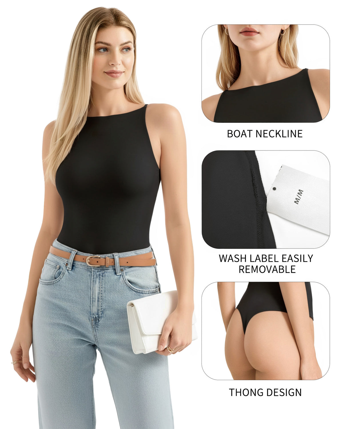 MANGOPOP Boat Neck Tank Double Lined Sleeveless Bodysuit Black